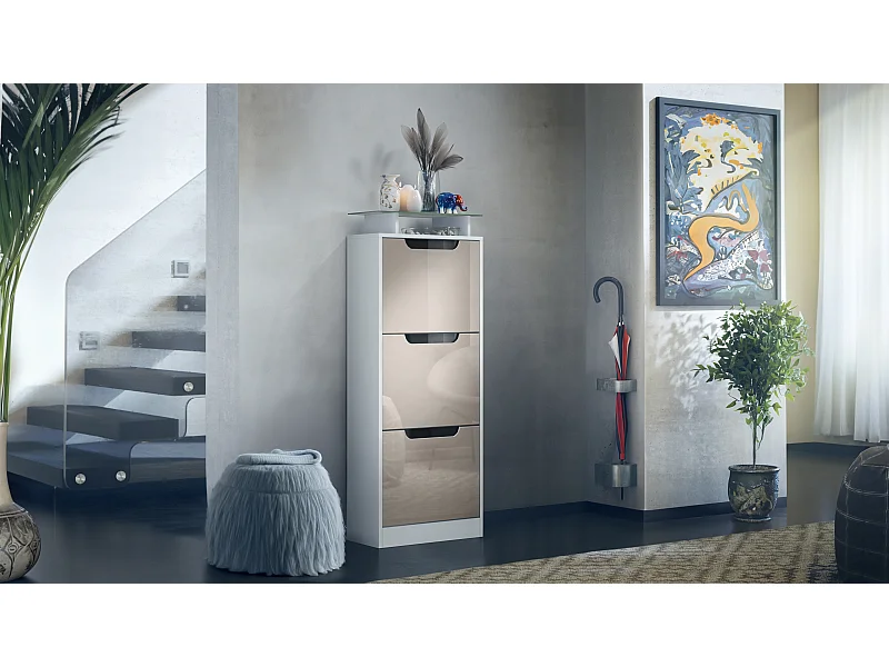 Meuble à chaussures Space V2, Range-chaussures pour 12 paires de chaussures avec 3 abattants et étagère en verre, blanc mat/gris sable brillant (46x128x23 cm)