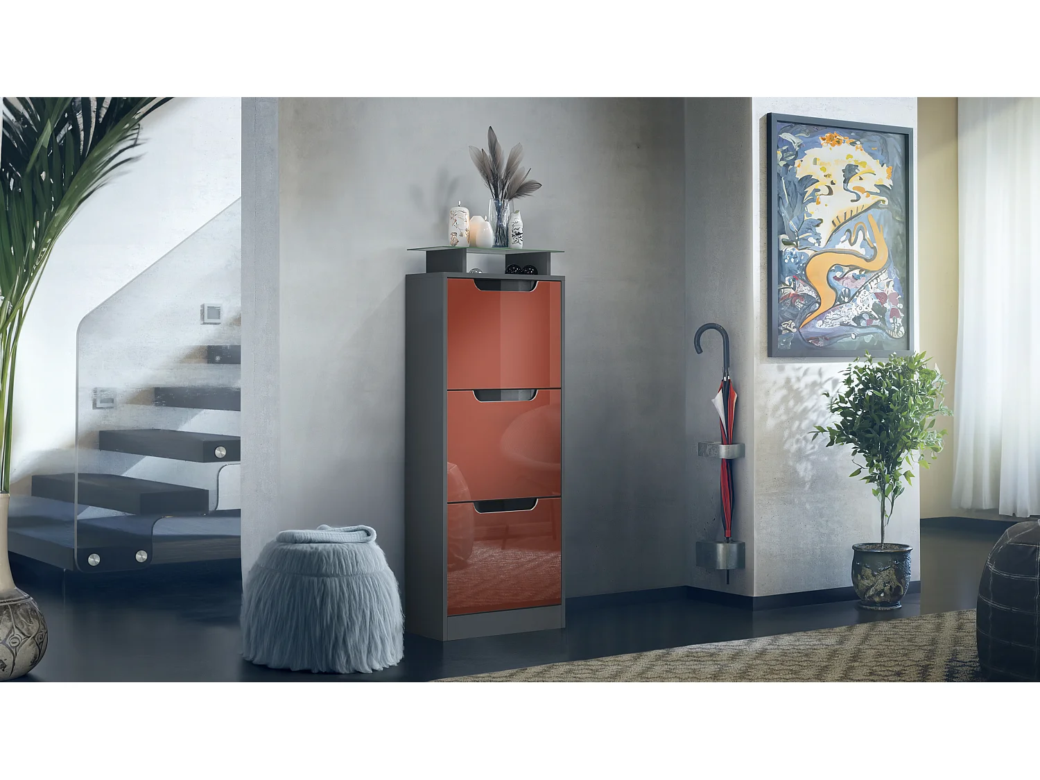 Vladon Scarpiera Space V2, Scarpiera per 12 paia di scarpe con 3 ribalte e ripiano in vetro, antracite opaco /bordeaux lucido (46 x 128 x 23 cm)