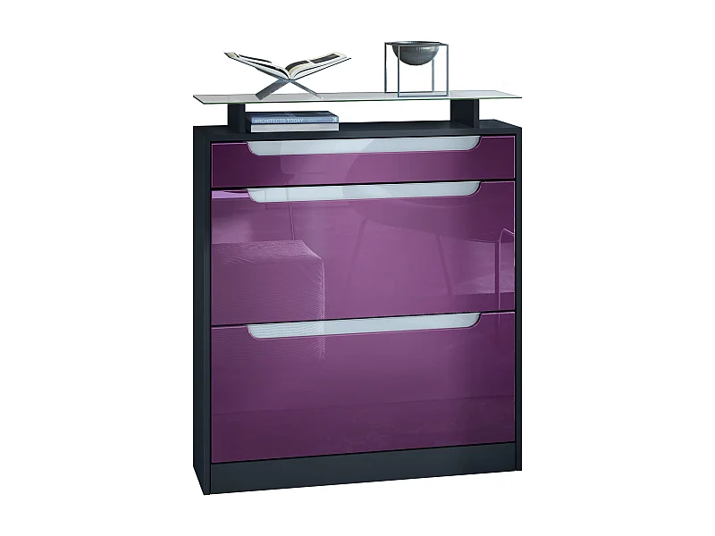 Armoire à chaussures Fiesta, noir mat/mûre haute brillance/blanc haute brillance - basculeur pour 16 paires de chaussures (89 x 104 x 23 cm)