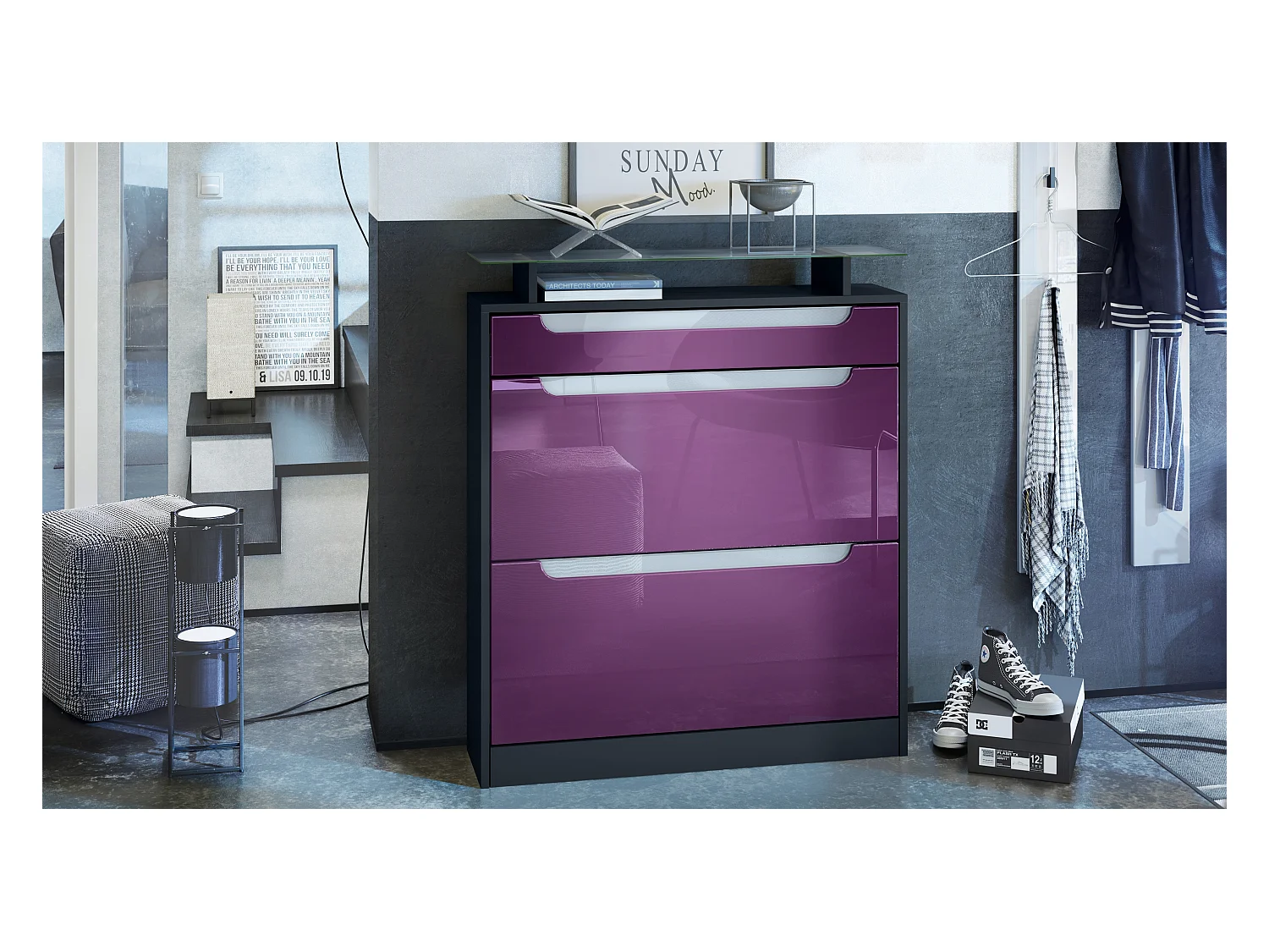 SCHUHSCHRANK Fiesta Brombeer Hochglanz / Weiß Hochglanz
