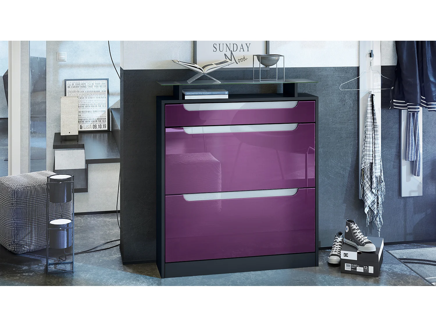 Vladon Scarpiera Fiesta, nero opaco/violetto porpora lucido/bianco lucido - ribaltabile per 16 paia di scarpe (89 x 104 x 23 cm)
