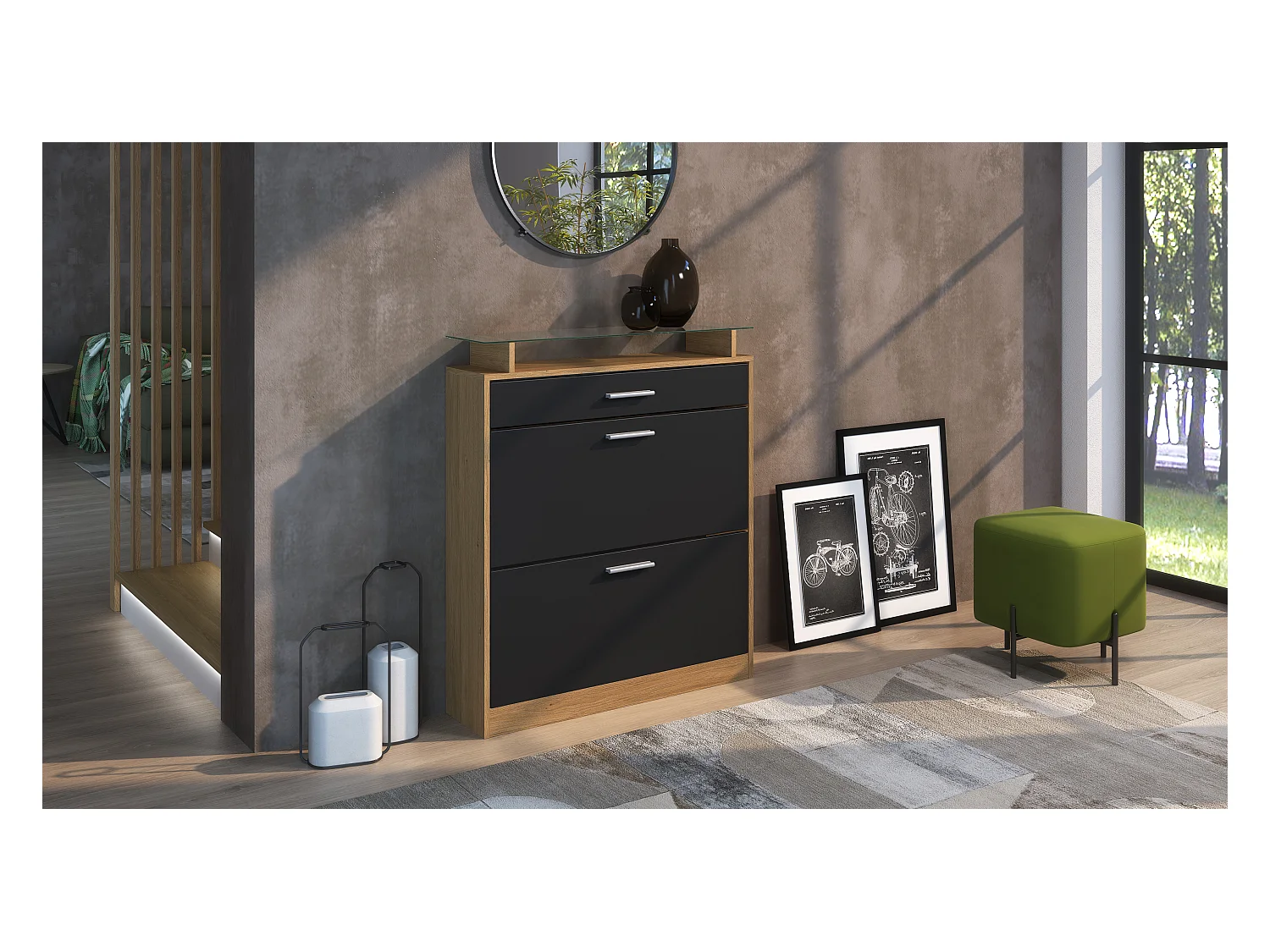 Meuble à Chaussures Loret – Rangement pour 16 Paires avec 1 Tiroir, Étagère à Chaussures en Chêne Scandi / noir mat (89 x 104 x 23 cm)