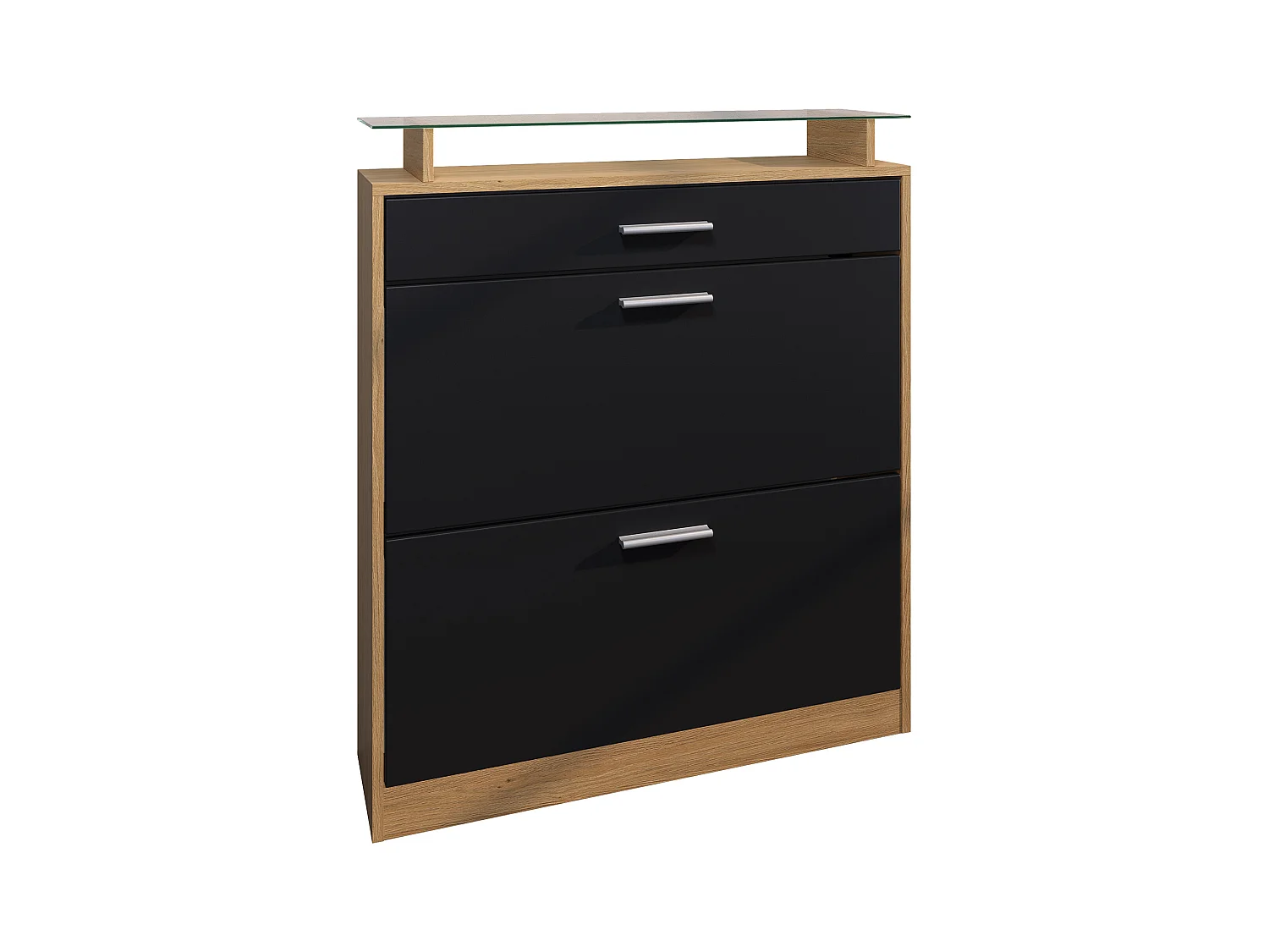 Meuble à Chaussures Loret – Rangement pour 16 Paires avec 1 Tiroir, Étagère à Chaussures en Chêne Scandi / noir mat (89 x 104 x 23 cm)