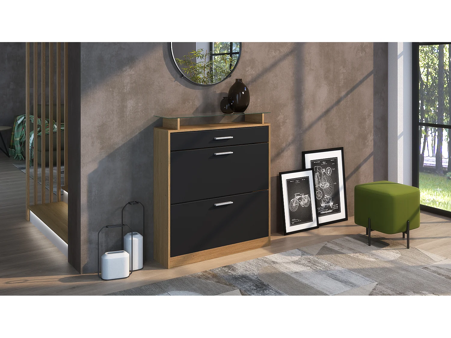 Meuble à Chaussures Loret – Rangement pour 16 Paires avec 1 Tiroir, Étagère à Chaussures en Chêne Scandi / noir mat (89 x 104 x 23 cm)