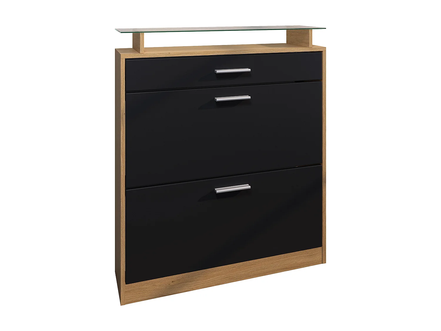 Meuble à Chaussures Loret – Rangement pour 16 Paires avec 1 Tiroir, Étagère à Chaussures en Chêne Scandi / noir mat (89 x 104 x 23 cm)