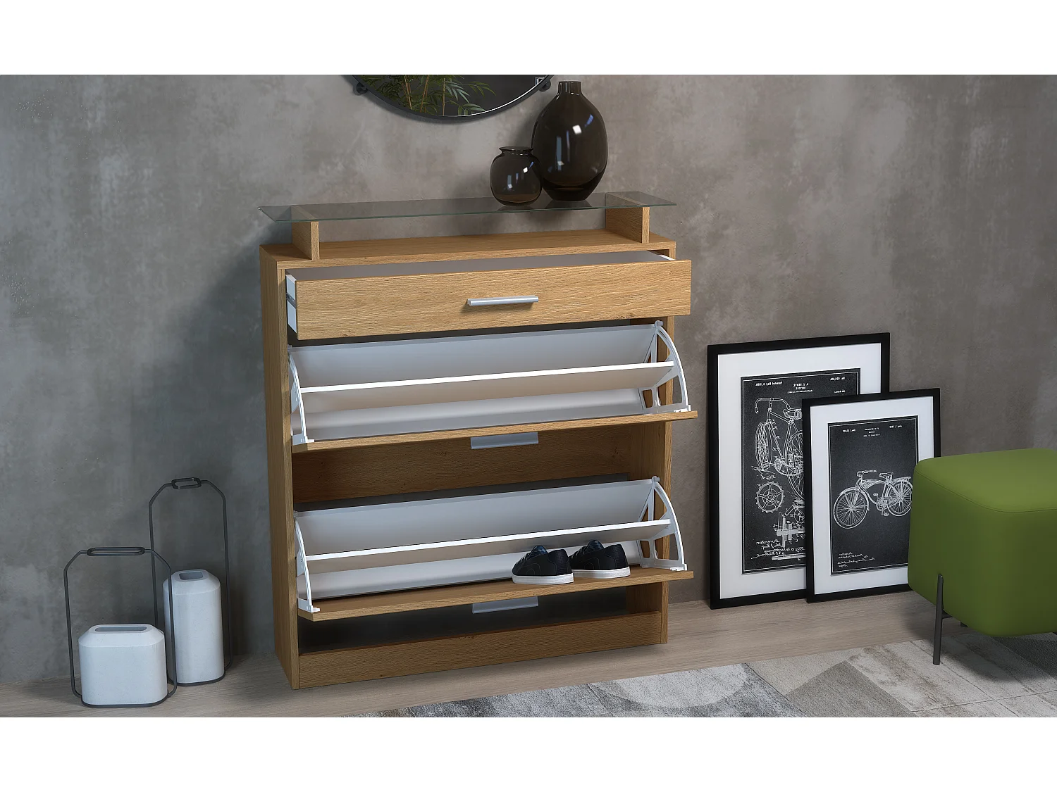 Meuble à Chaussures Loret – Rangement pour 16 Paires avec 1 Tiroir, Étagère à Chaussures en Chêne Scandi / noir mat (89 x 104 x 23 cm)