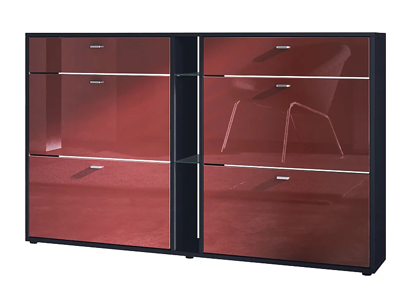 Scarpiera Today con 4 ante e 2 cassetti 155,5 x 95 x 28 cm, struttura in nero opaco, frontali in bordeaux lucido