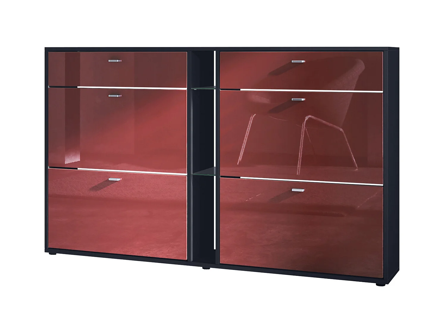 Meuble à chaussures à bascule Today 155,5 x 95 x 28 cm, corps en Noir mat, façades en bordeaux haute brillance