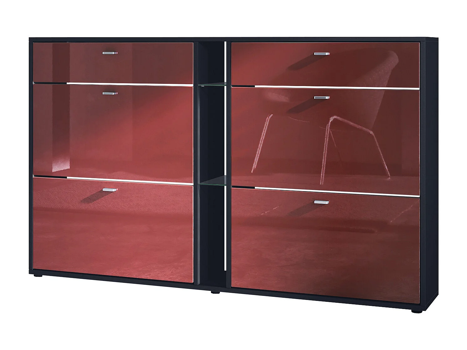 Scarpiera Today con 4 ante e 2 cassetti 155,5 x 95 x 28 cm, struttura in nero opaco, frontali in bordeaux lucido