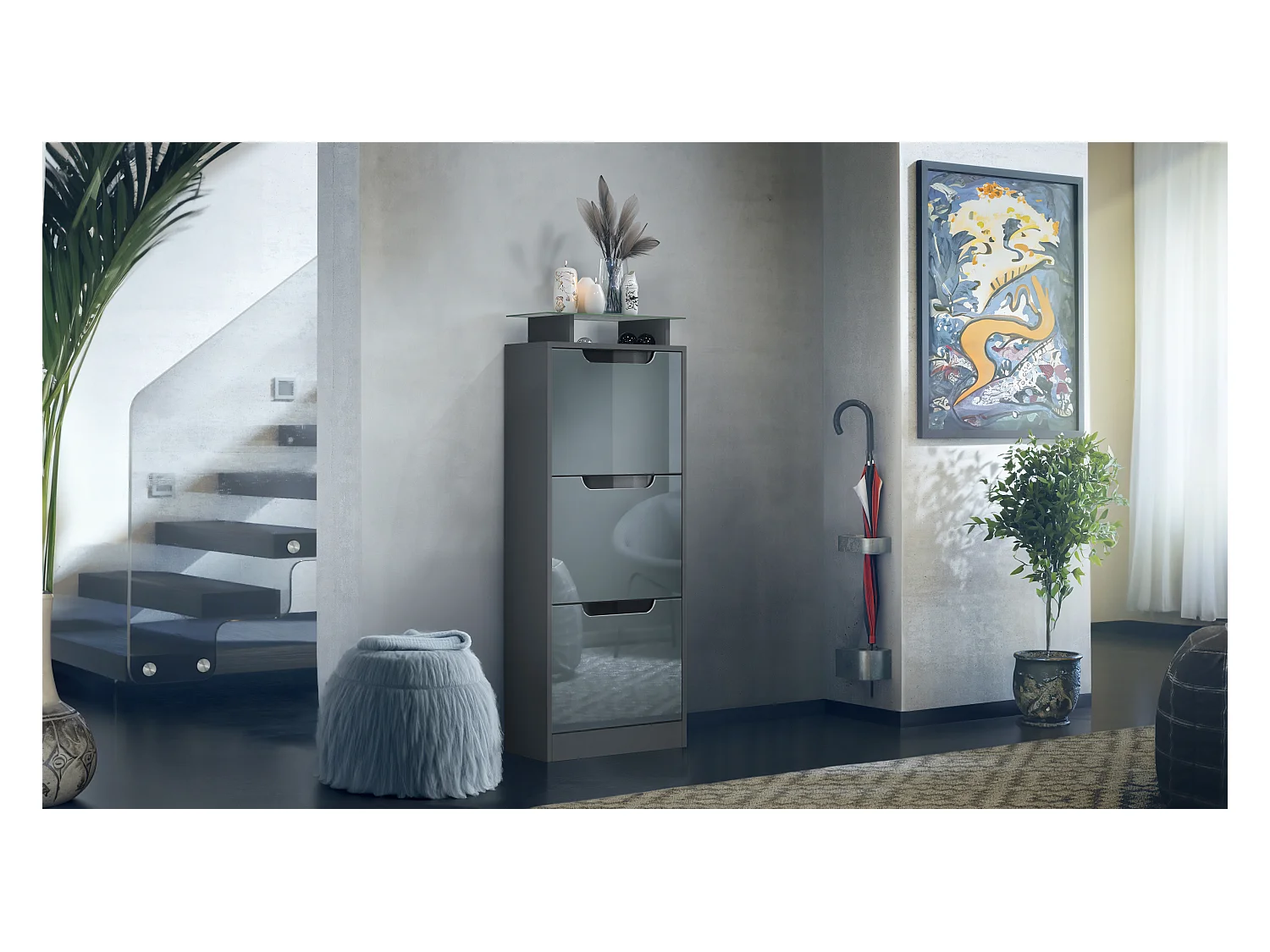 Meuble à chaussures Space V2, Range-chaussures pour 12 paires de chaussures avec 3 abattants et étagère en verre, anthracite mat/gris brillant (46x128x23 cm)