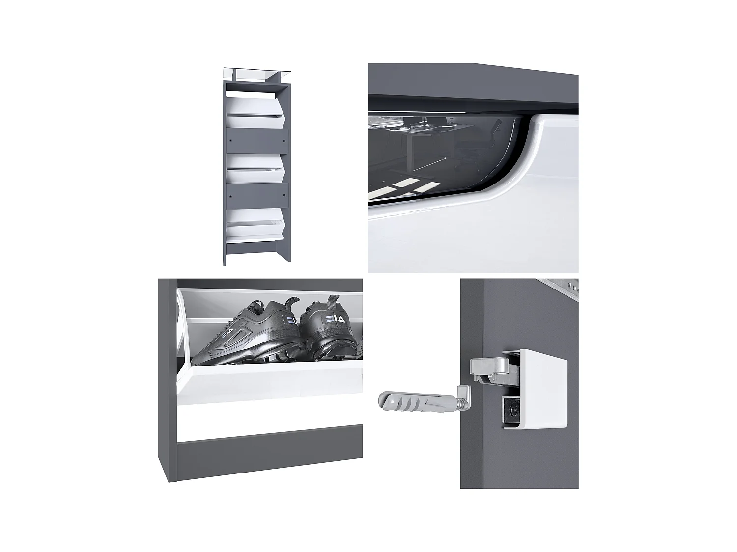 Meuble à chaussures Space V2, Range-chaussures pour 12 paires de chaussures avec 3 abattants et étagère en verre, anthracite mat/gris brillant (46x128x23 cm)