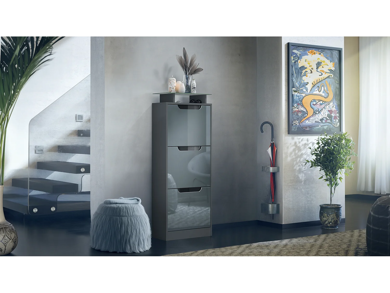 Vladon Scarpiera Space V2, Scarpiera per 12 paia di scarpe con 3 ribalte e ripiano in vetro, antracite opaco /grigio lucido (46 x 128 x 23 cm)