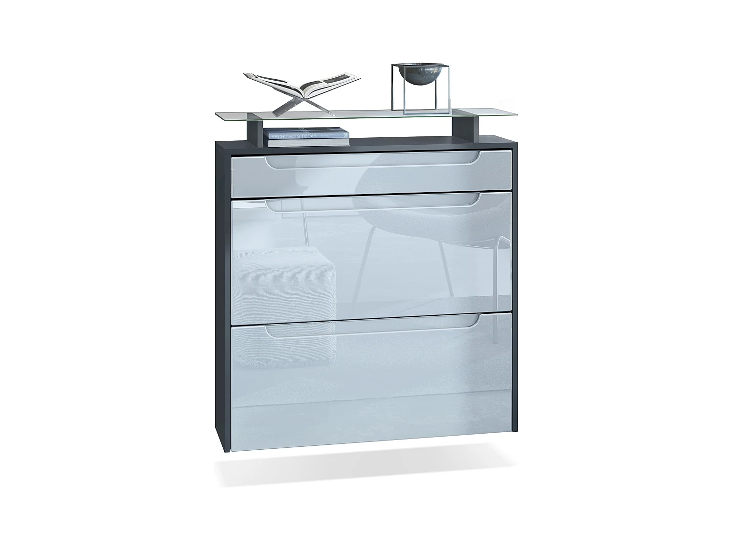 Meuble chaussures Annie pour 16 paires de chaussures avec clapets et tablette en verre, Anthracite mat/Blanc brillant, poignées Blanc brillant (89x96x23 cm)