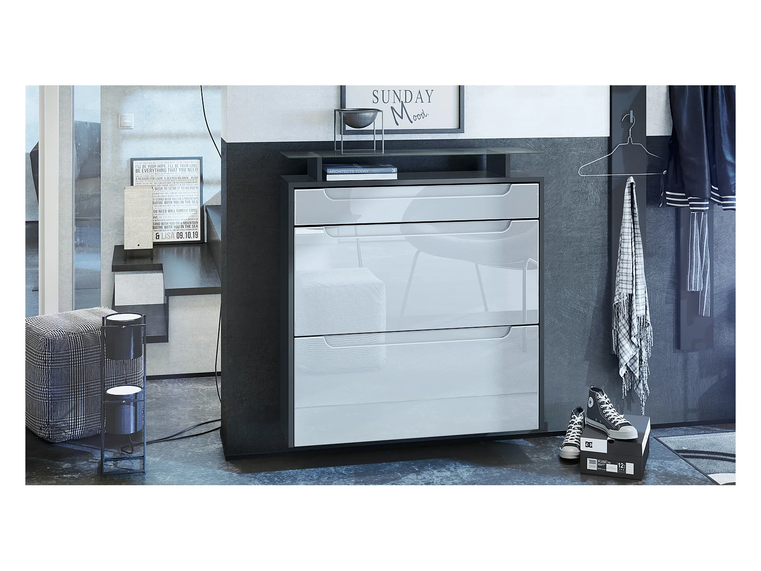 Meuble chaussures Annie pour 16 paires de chaussures avec clapets et tablette en verre, Anthracite mat/Blanc brillant, poignées Blanc brillant (89x96x23 cm)