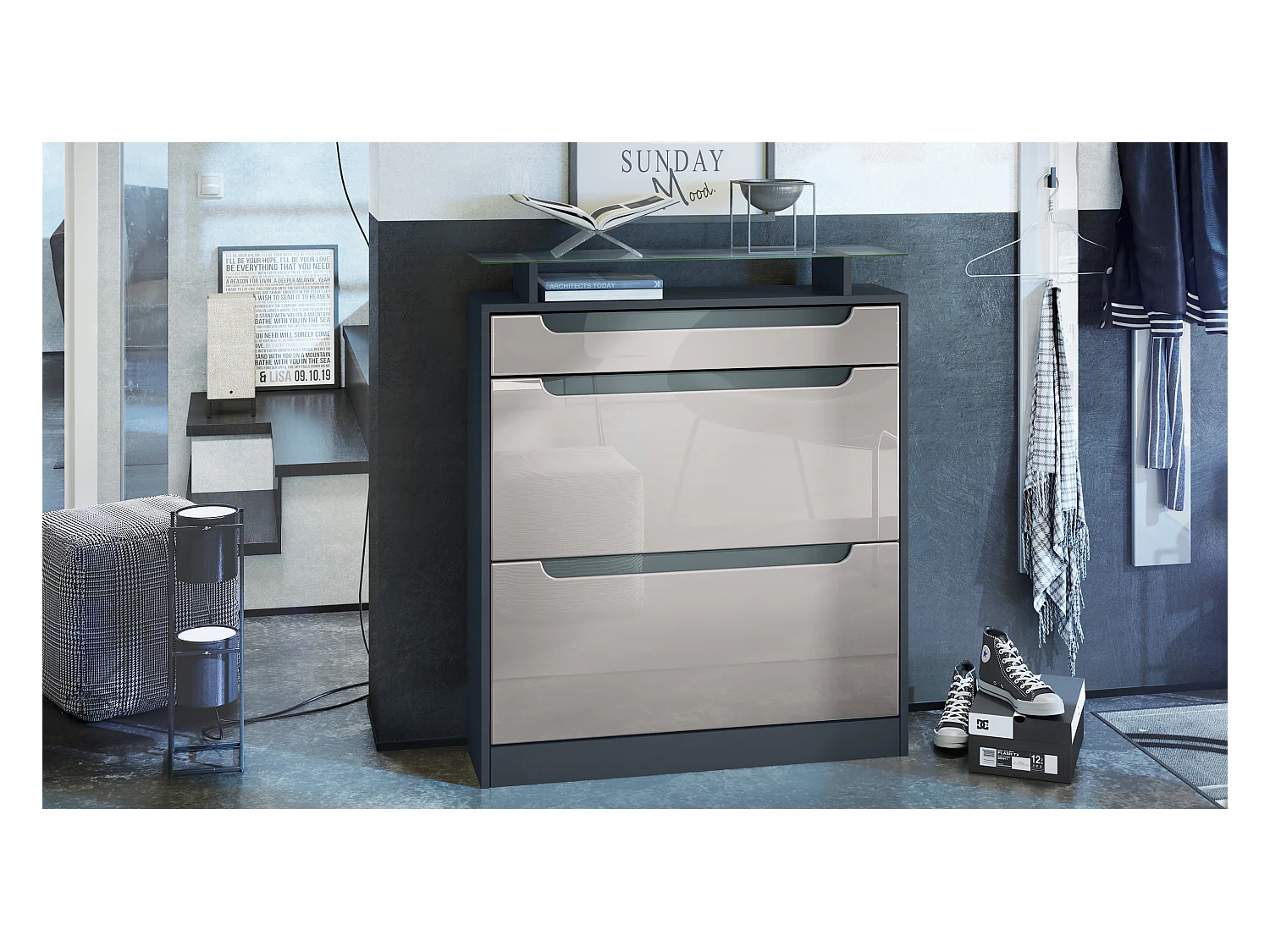 Meuble chaussure Fiesta pour 16 paires de chaussures, avec tablette en verre, Anthracite mat/Gris sable brillant, poignées Gris brillant (89x104x23 cm)