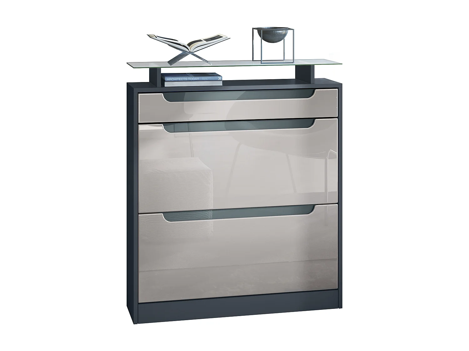 SCHUHSCHRANK Fiesta Fronten in Sandgrau Hochglanz, Griffmulden in Grau Hochglanz