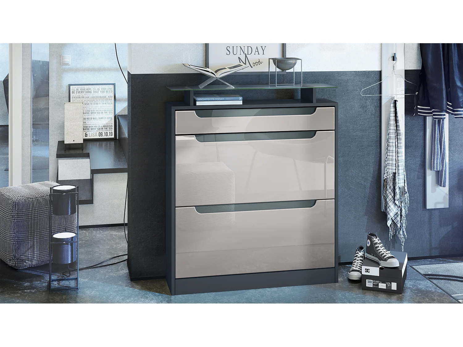 SCHUHSCHRANK Fiesta Fronten in Sandgrau Hochglanz, Griffmulden in Grau Hochglanz