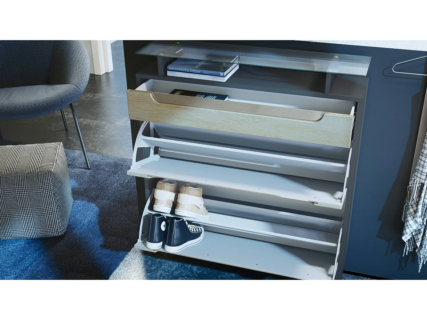 SCHUHSCHRANK Fiesta Fronten in Sandgrau Hochglanz, Griffmulden in Grau Hochglanz