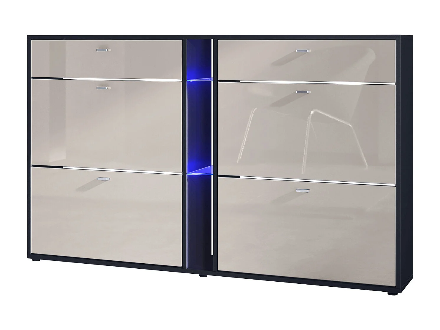 Scarpiera Today con 4 ante e 2 cassetti 155,5 x 95 x 28 cm, con illuminazione LED blu, struttura in nero opaco, frontali in grigio sabbia lucido