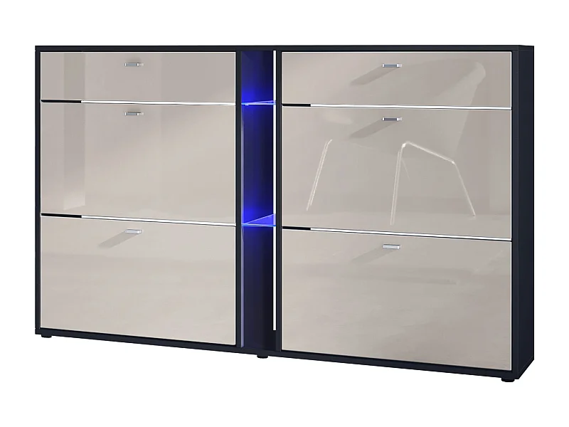 Scarpiera Today con 4 ante e 2 cassetti 155,5 x 95 x 28 cm, con illuminazione LED blu, struttura in nero opaco, frontali in grigio sabbia lucido