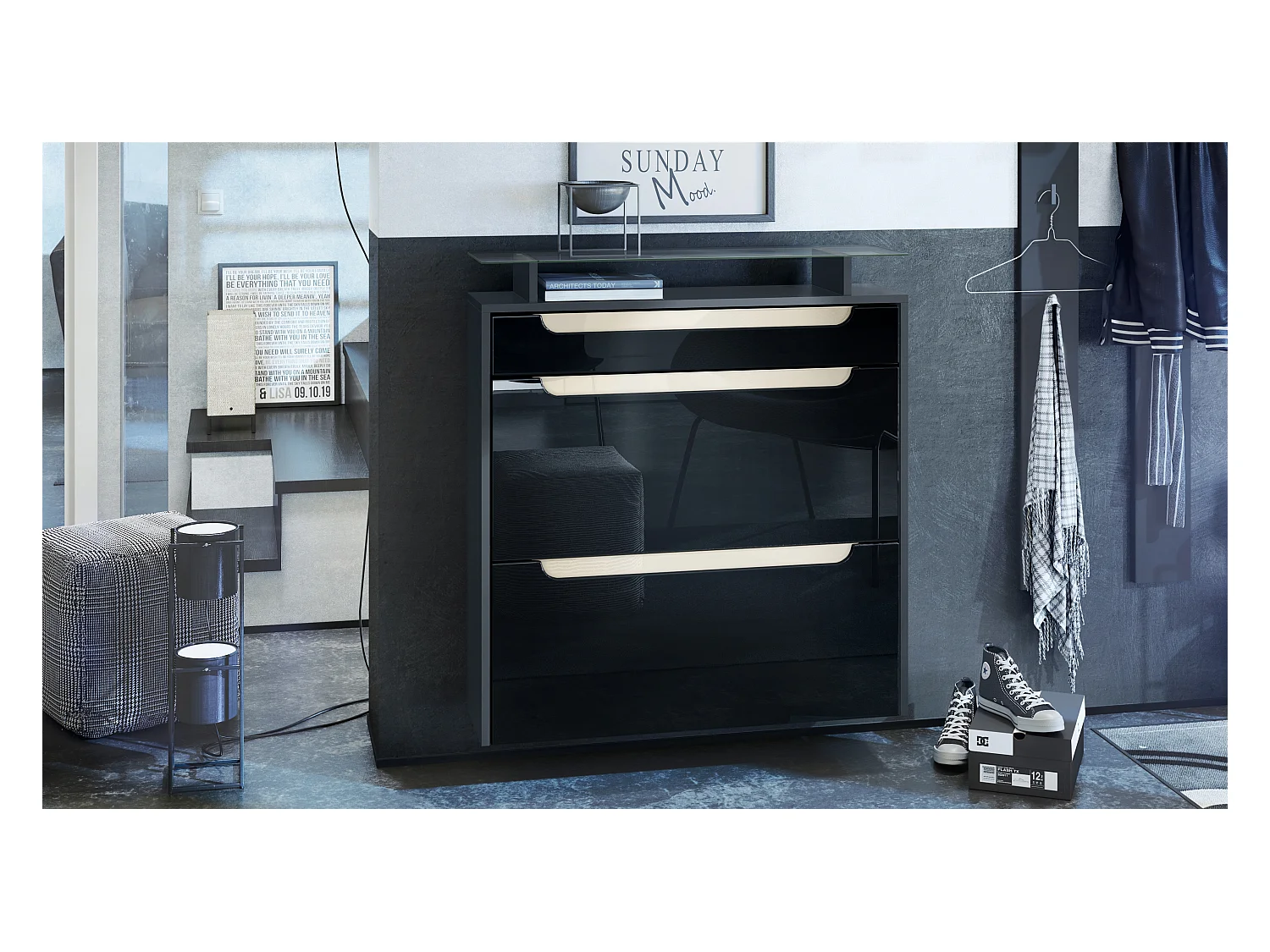 Meuble chaussures Annie pour 16 paires de chaussures avec clapets et tablette en verre, Anthracite mat/Noir brillant, poignées Crème brillant (89x96x23 cm)