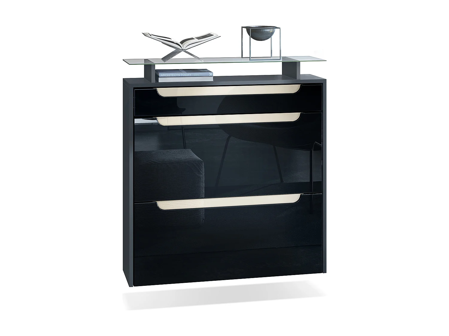 Scarpiera  Annie per 16 paia di scarpe con 2 ante a ribalta e ripiano in vetro, antracite/ nero lucido, maniglie incassate in beige lucido (89 x 96 x 23 cm)