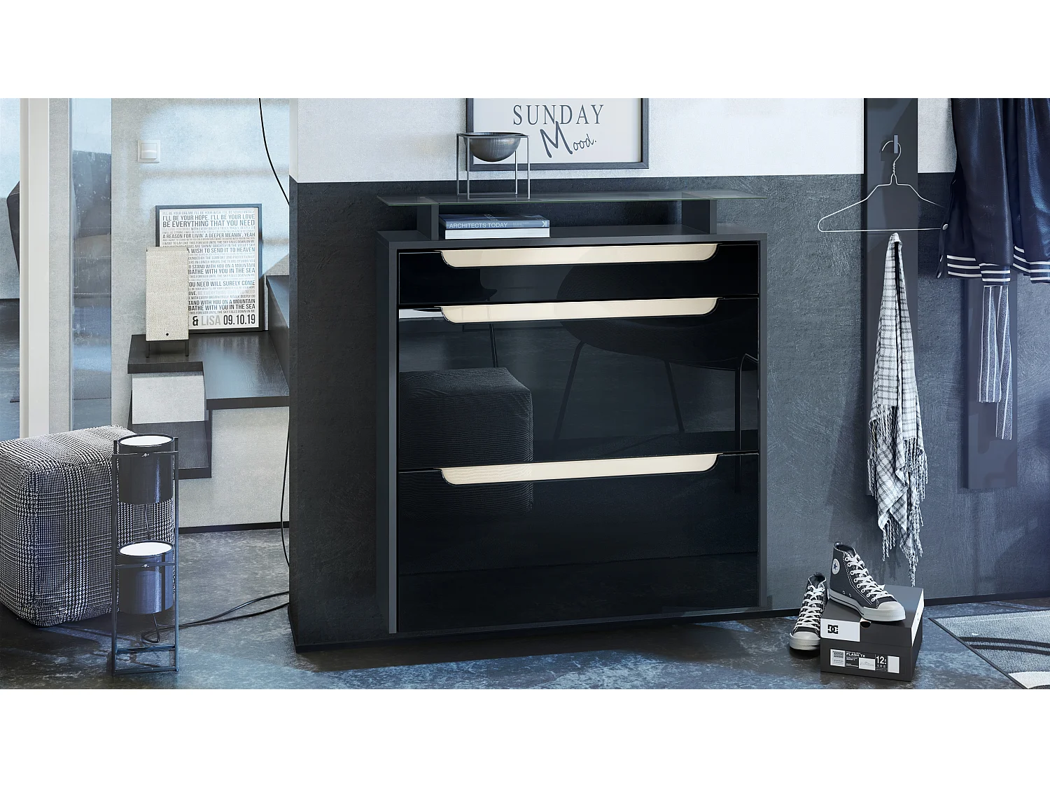 Scarpiera  Annie per 16 paia di scarpe con 2 ante a ribalta e ripiano in vetro, antracite/ nero lucido, maniglie incassate in beige lucido (89 x 96 x 23 cm)