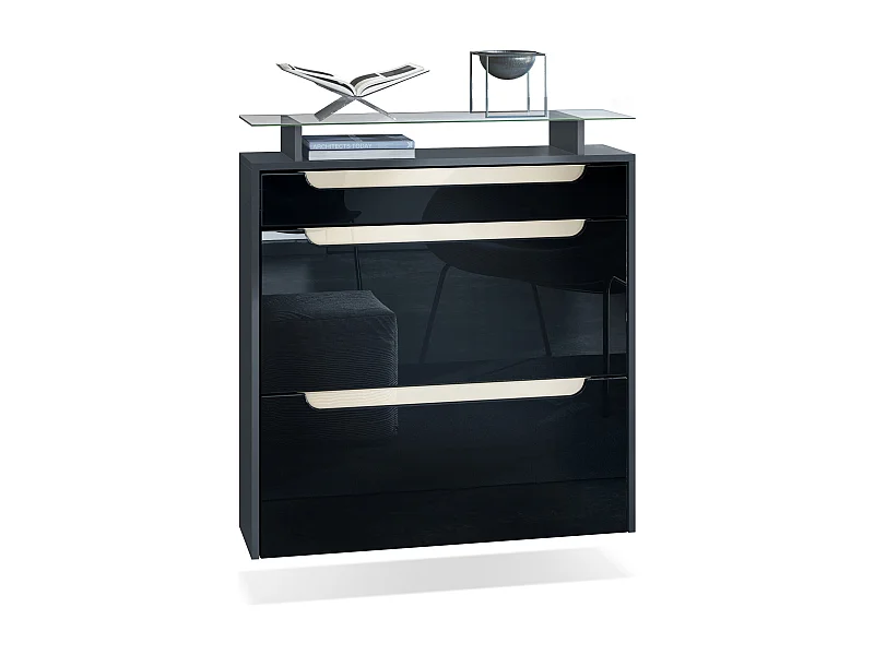 SCHUHSCHRANK Annie Fronten in Schwarz Hochglanz, Griffmulden in Creme Hochglanz