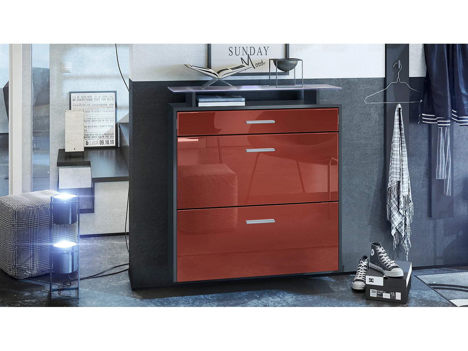 Scarpiera Vladon Malea, antracite opaco /bordeaux lucido incl. LED - carrello appeso per 16 paia di scarpe (89 x 96 x 23 cm)