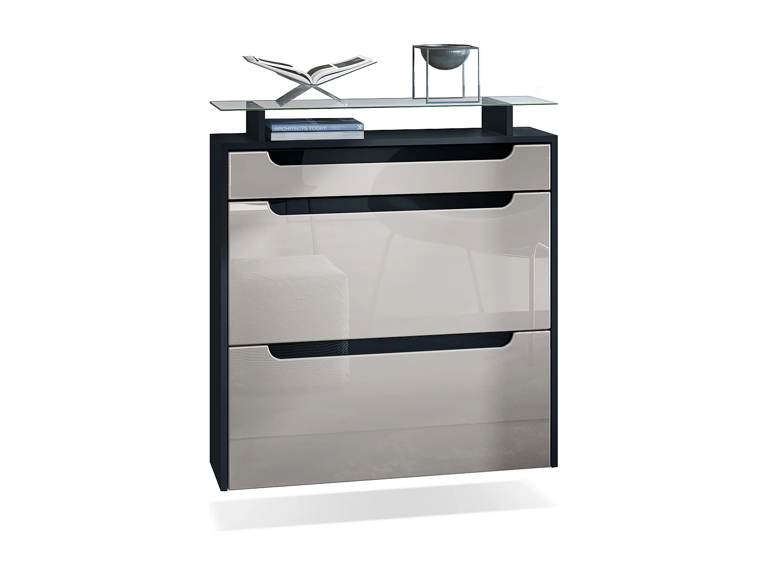 Scarpiera  Annie, mobile per 16 paia di scarpe con 2 ante a ribalta e 1 cassetto e ripiano in vetro, nero opaco/grigio sabbia lucido/nero lucido (89 x 96 x 23 cm)