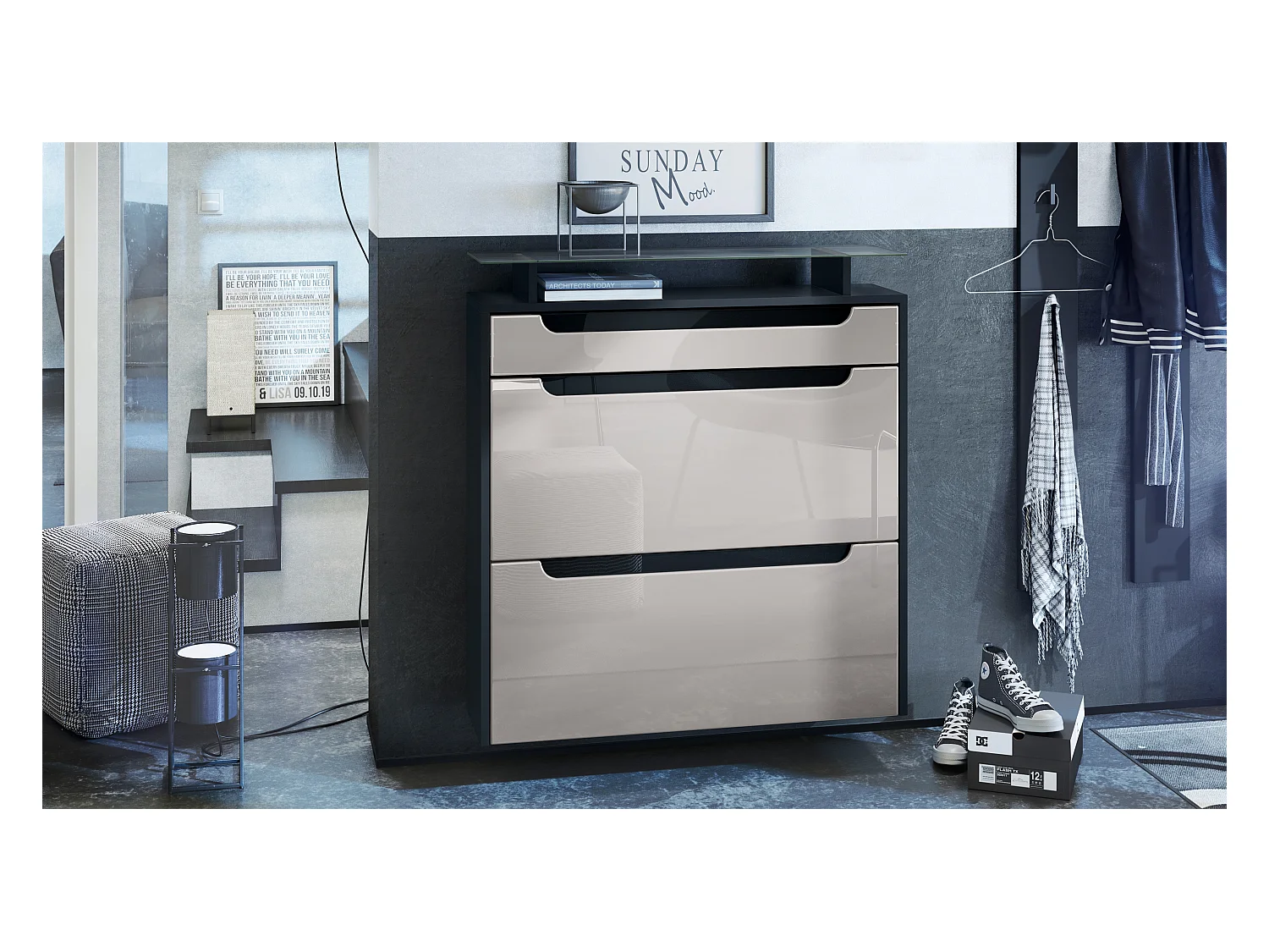 Scarpiera  Annie, mobile per 16 paia di scarpe con 2 ante a ribalta e 1 cassetto e ripiano in vetro, nero opaco/grigio sabbia lucido/nero lucido (89 x 96 x 23 cm)