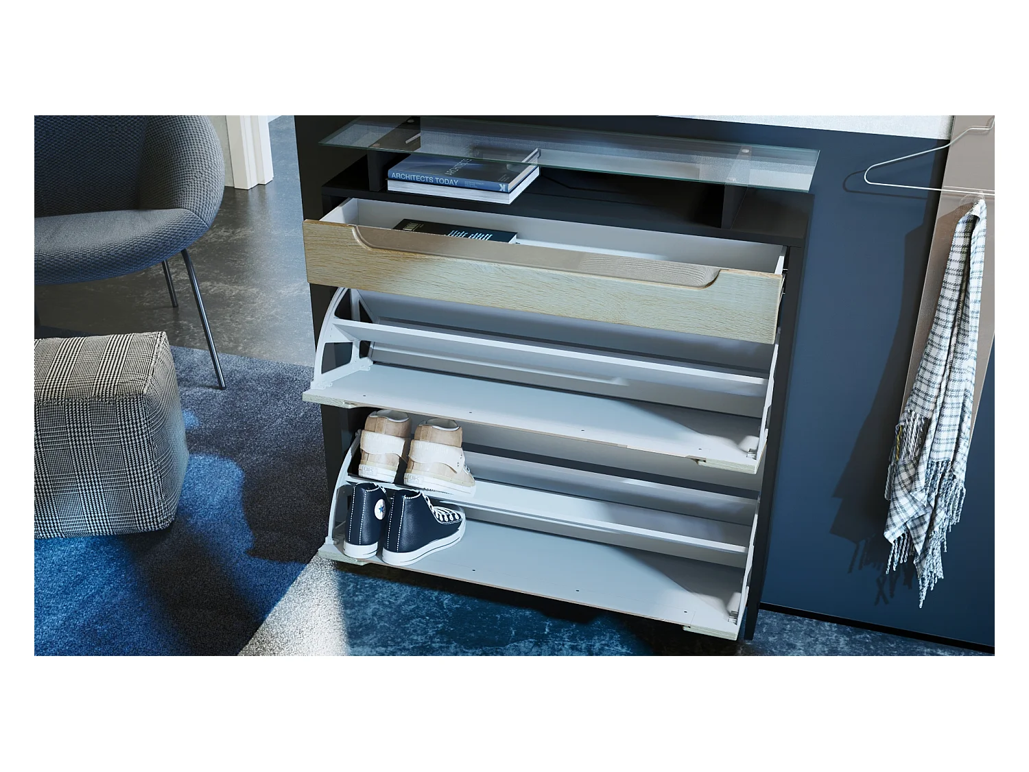 Scarpiera  Annie, mobile per 16 paia di scarpe con 2 ante a ribalta e 1 cassetto e ripiano in vetro, nero opaco/grigio sabbia lucido/nero lucido (89 x 96 x 23 cm)