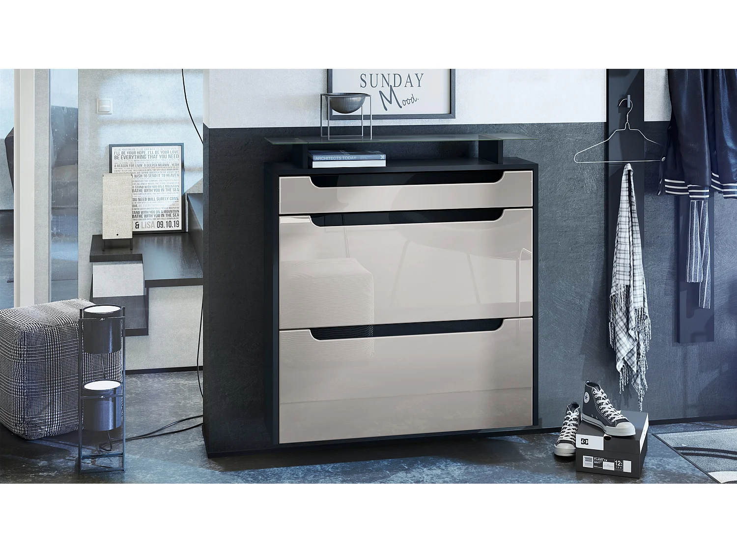 Scarpiera  Annie, mobile per 16 paia di scarpe con 2 ante a ribalta e 1 cassetto e ripiano in vetro, nero opaco/grigio sabbia lucido/nero lucido (89 x 96 x 23 cm)