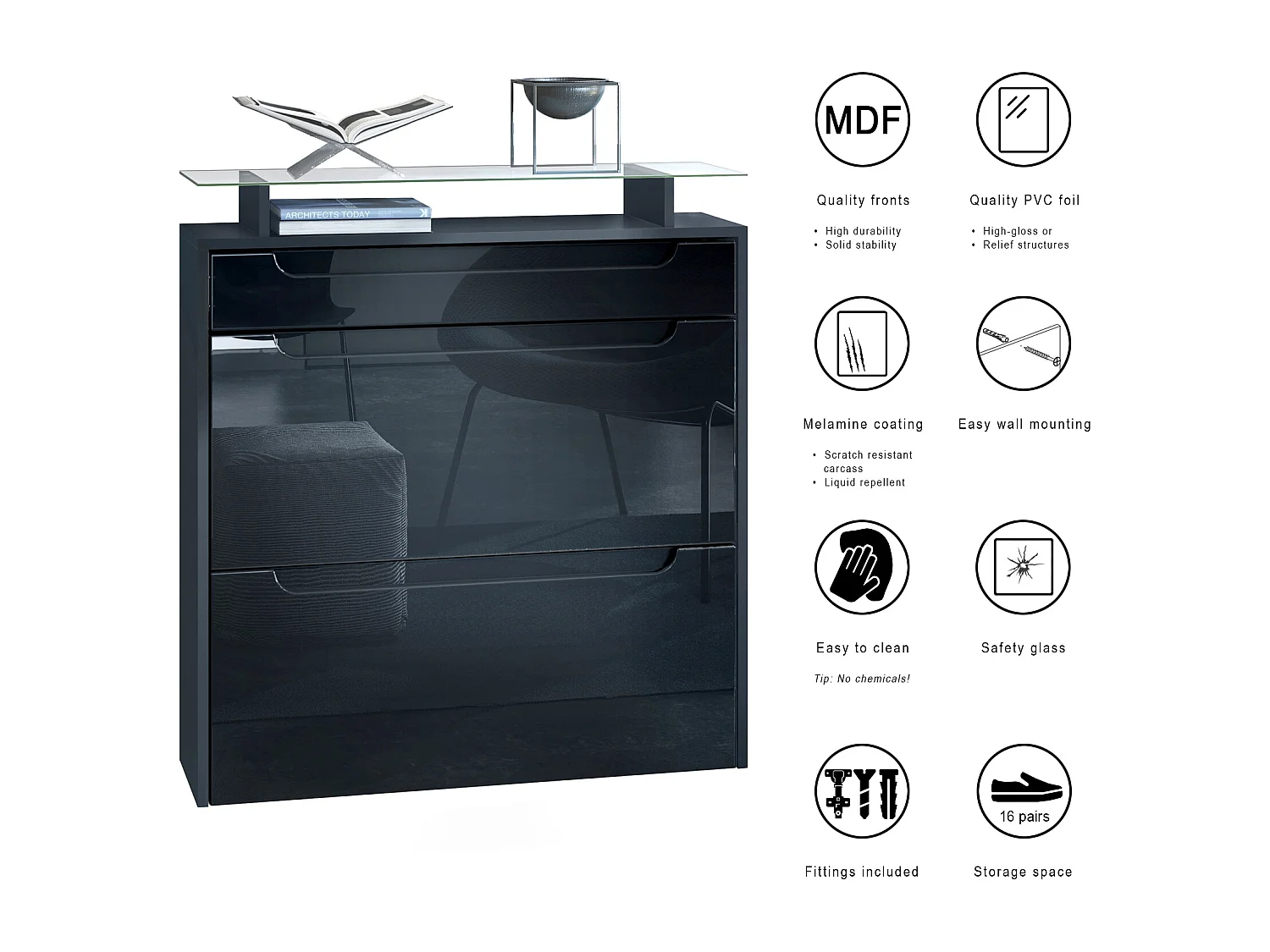 Scarpiera  Annie, mobile per 16 paia di scarpe con 2 ante a ribalta e 1 cassetto e ripiano in vetro, nero opaco/grigio sabbia lucido/nero lucido (89 x 96 x 23 cm)