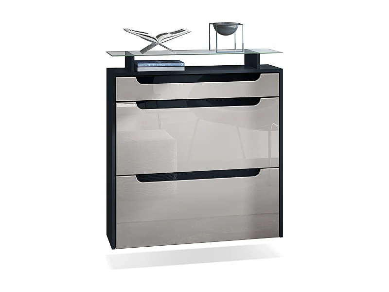 Scarpiera  Annie, mobile per 16 paia di scarpe con 2 ante a ribalta e 1 cassetto e ripiano in vetro, nero opaco/grigio sabbia lucido/nero lucido (89 x 96 x 23 cm)