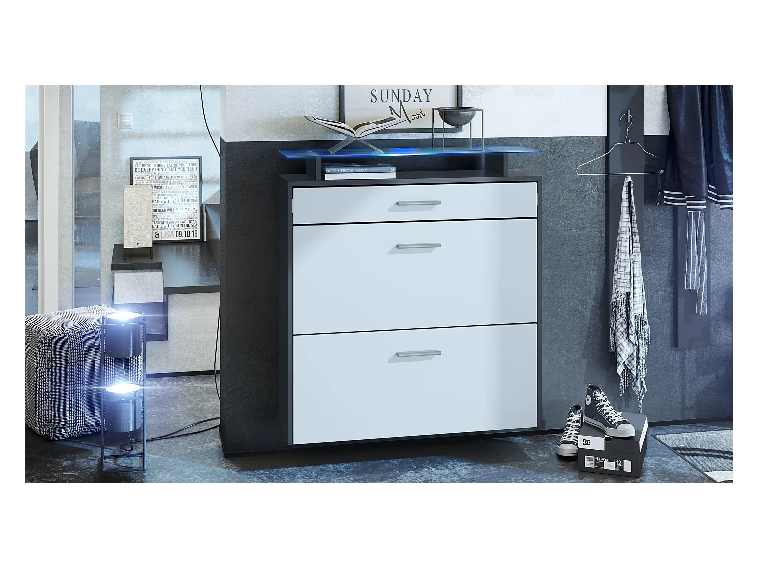 Armoire à chaussures Malea de , anthracite mat/blanc mat y compris LED - basculeur à chaussures suspendu pour 16 paires de chaussures (89 x 96 x 23 cm)