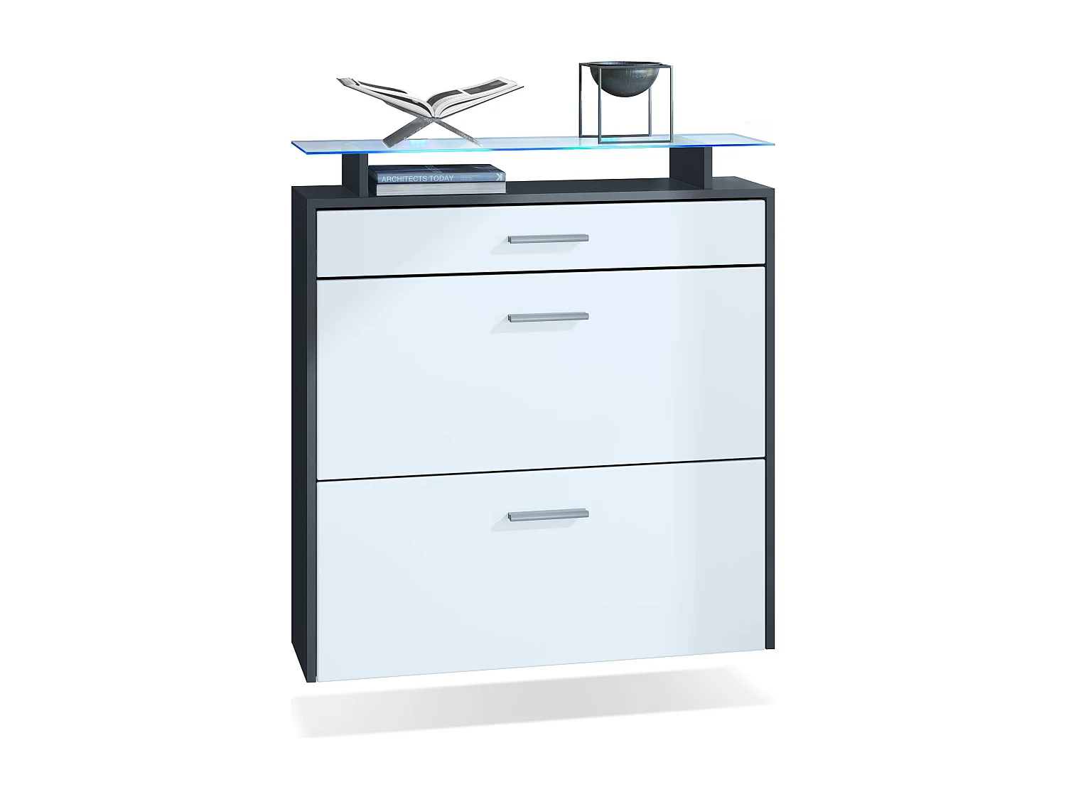 Scarpiera Vladon Malea, antracite opaco /bianco opaco incl. LED - carrello appeso per 16 paia di scarpe (89 x 96 x 23 cm)