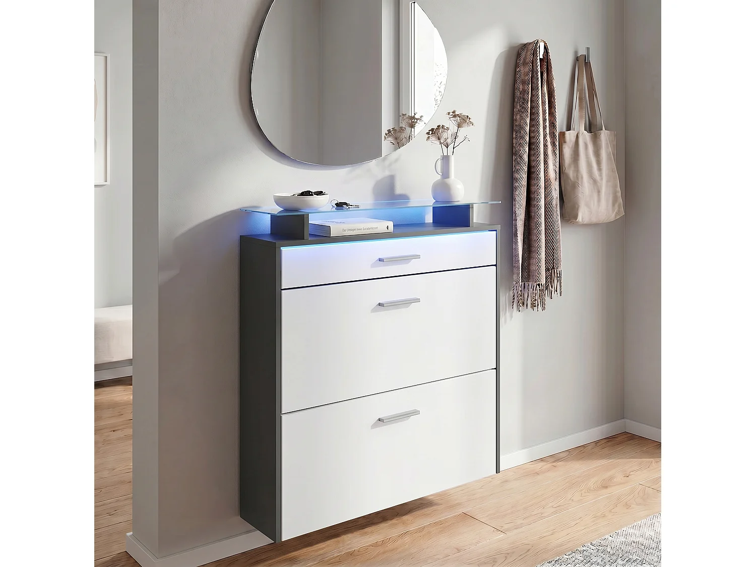 Scarpiera Vladon Malea, antracite opaco /bianco opaco incl. LED - carrello appeso per 16 paia di scarpe (89 x 96 x 23 cm)