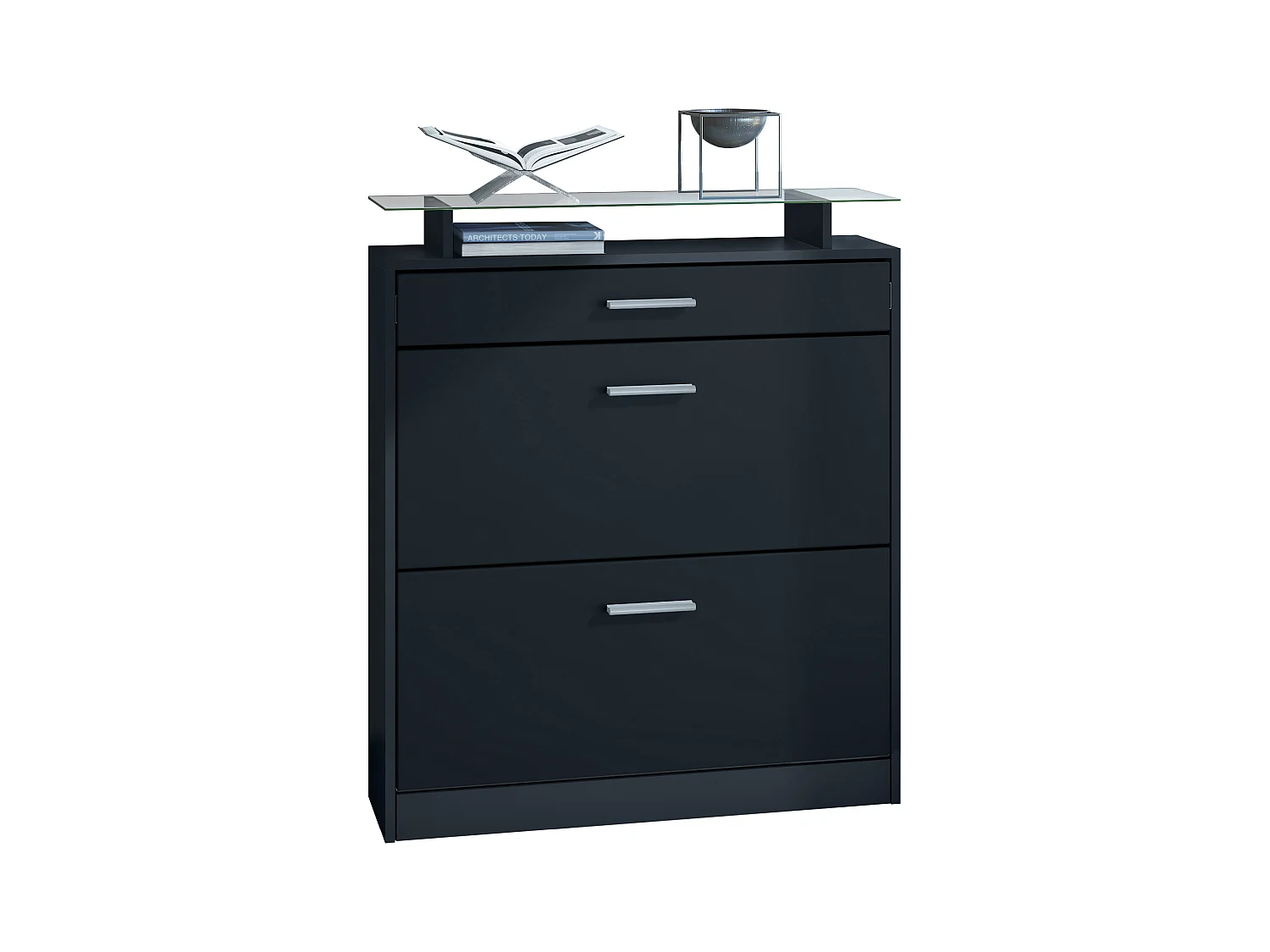 Meuble chaussure Loret, Étagère à chaussures pour 16 paires de chaussures avec 2 clapets à bascule, 1 tiroir, Noir mat/Noir mat (89 x 104 x 23 cm)