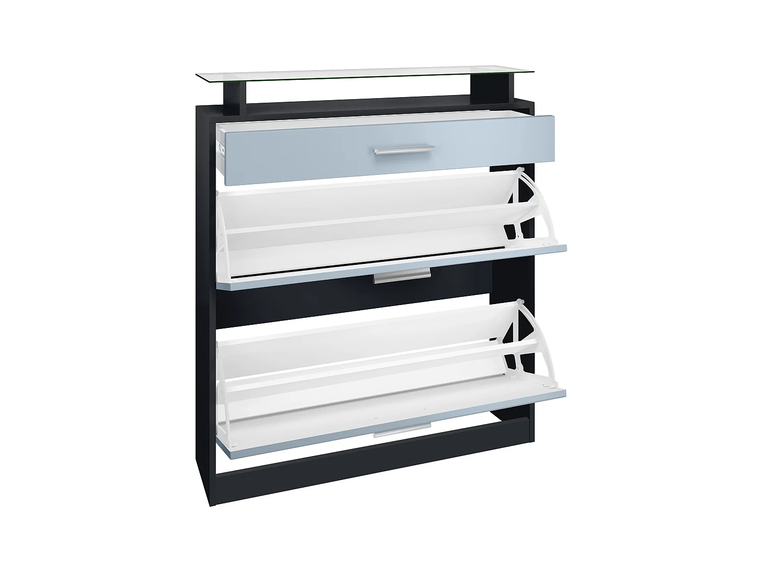 Meuble chaussure Loret, Étagère à chaussures pour 16 paires de chaussures avec 2 clapets à bascule, 1 tiroir, Noir mat/Noir mat (89 x 104 x 23 cm)