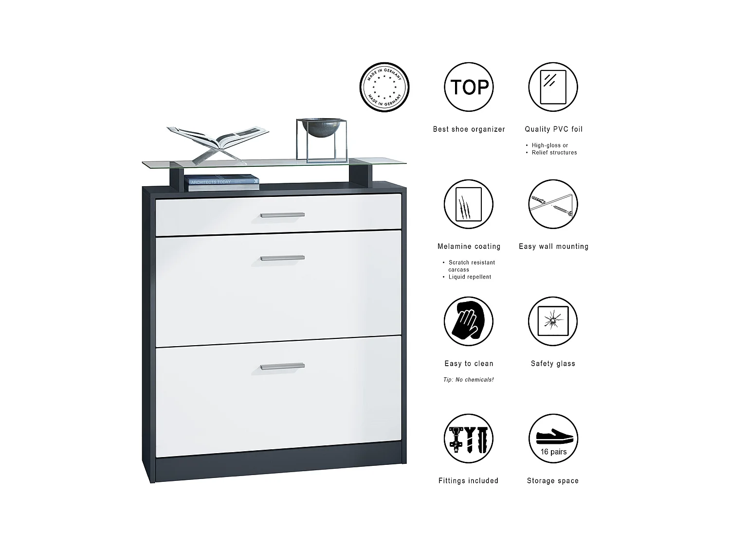 Meuble chaussure Loret, Étagère à chaussures pour 16 paires de chaussures avec 2 clapets à bascule, 1 tiroir, Noir mat/Noir mat (89 x 104 x 23 cm)