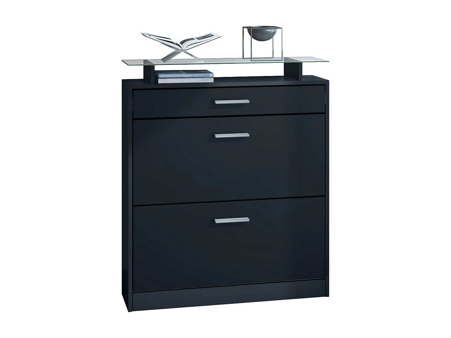 Scarpiera  Loret, mobile per 16 paia di scarpe con 2 ante a ribalta, 1 cassetto e ripiano in vetro, nero opaco/nero opaco (89 x 104 x 23 cm)