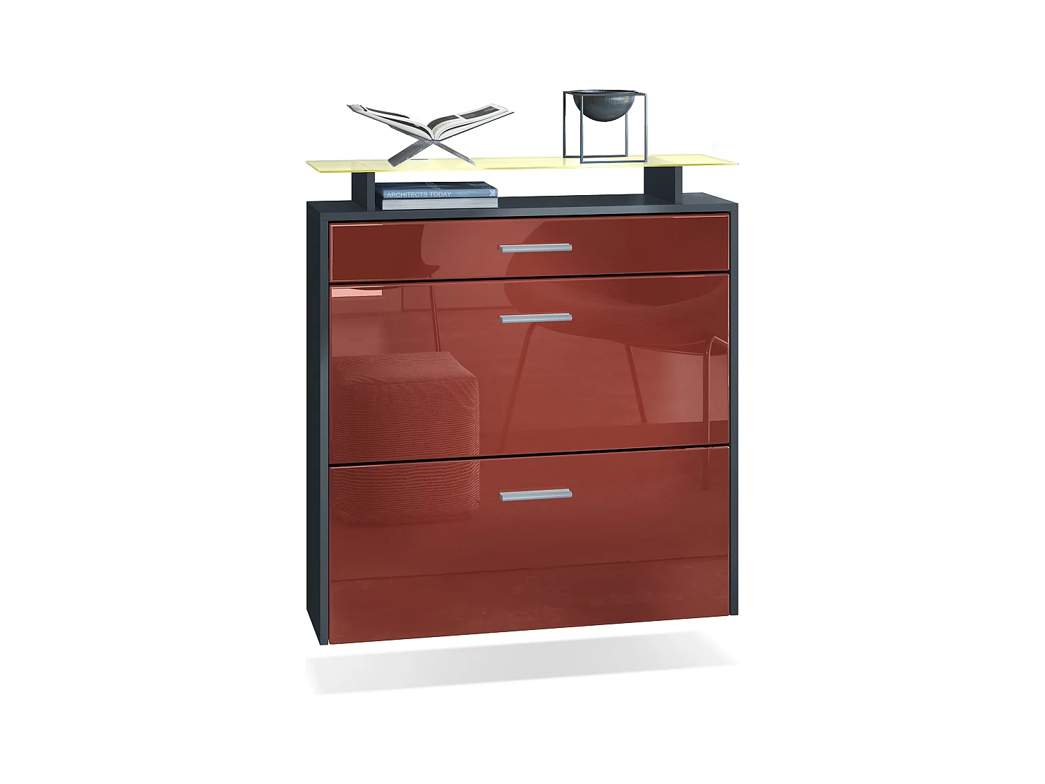 Armoire à chaussures Malea de , anthracite mat/bordeaux brillant y compris LED - basculeur à chaussures suspendu pour 16 paires de chaussures (89 x 96 x 23 cm)