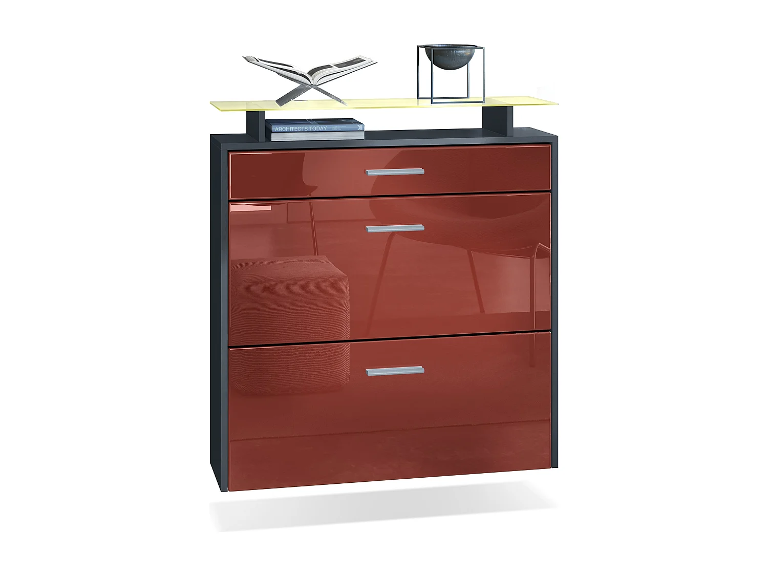 Scarpiera Vladon Malea, antracite opaco /bordeaux lucido incl. LED - carrello appeso per 16 paia di scarpe (89 x 96 x 23 cm)