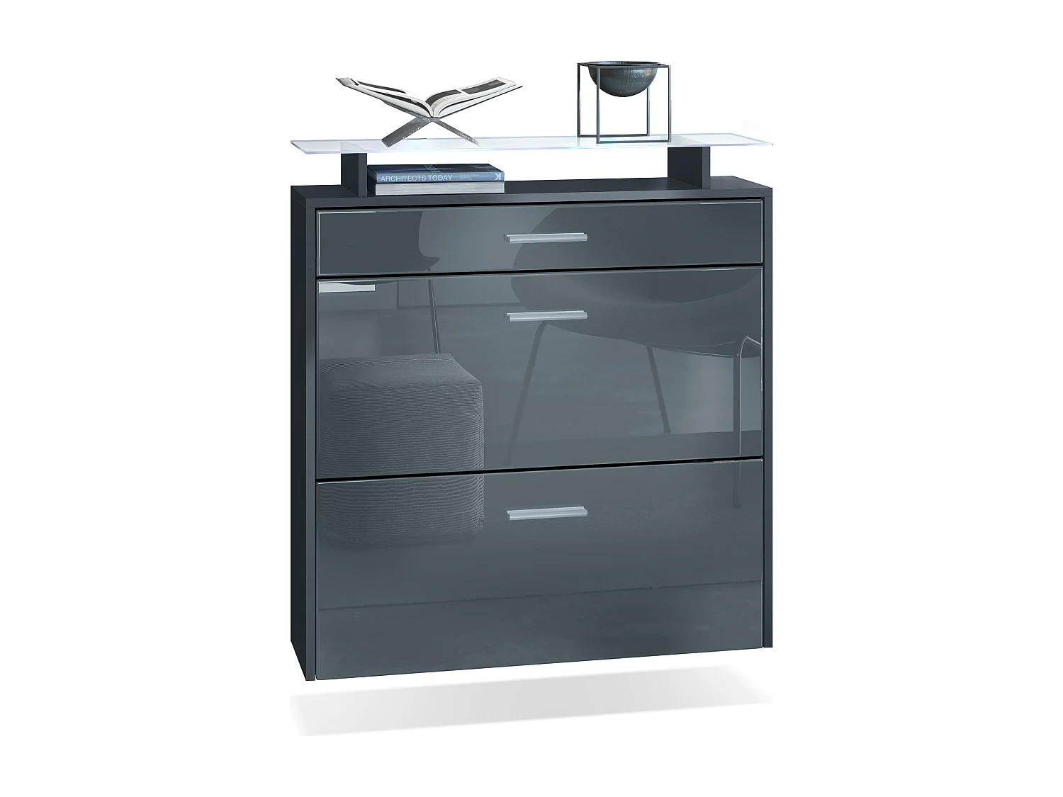 Scarpiera Vladon Malea, antracite opaco /grigio lucido incl. LED - carrello appeso per 16 paia di scarpe (89 x 96 x 23 cm)