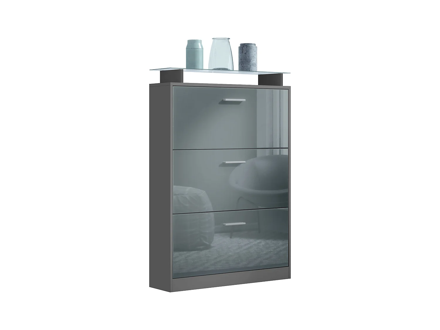 Armoire à chaussures Lavia, benne à chaussures pour 24 paires de chaussures avec 3 abattants et étagère en verre, / (89 x 128 x 23 cm)