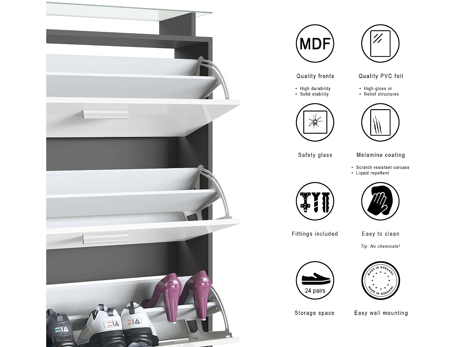 Scarpiera Lavia, Scarpiera a ribalta per 24 paia di scarpe con 3 ante a ribalta e ripiano in vetro, antracite opaco /grigio lucido (89 x 128 x 23 cm)