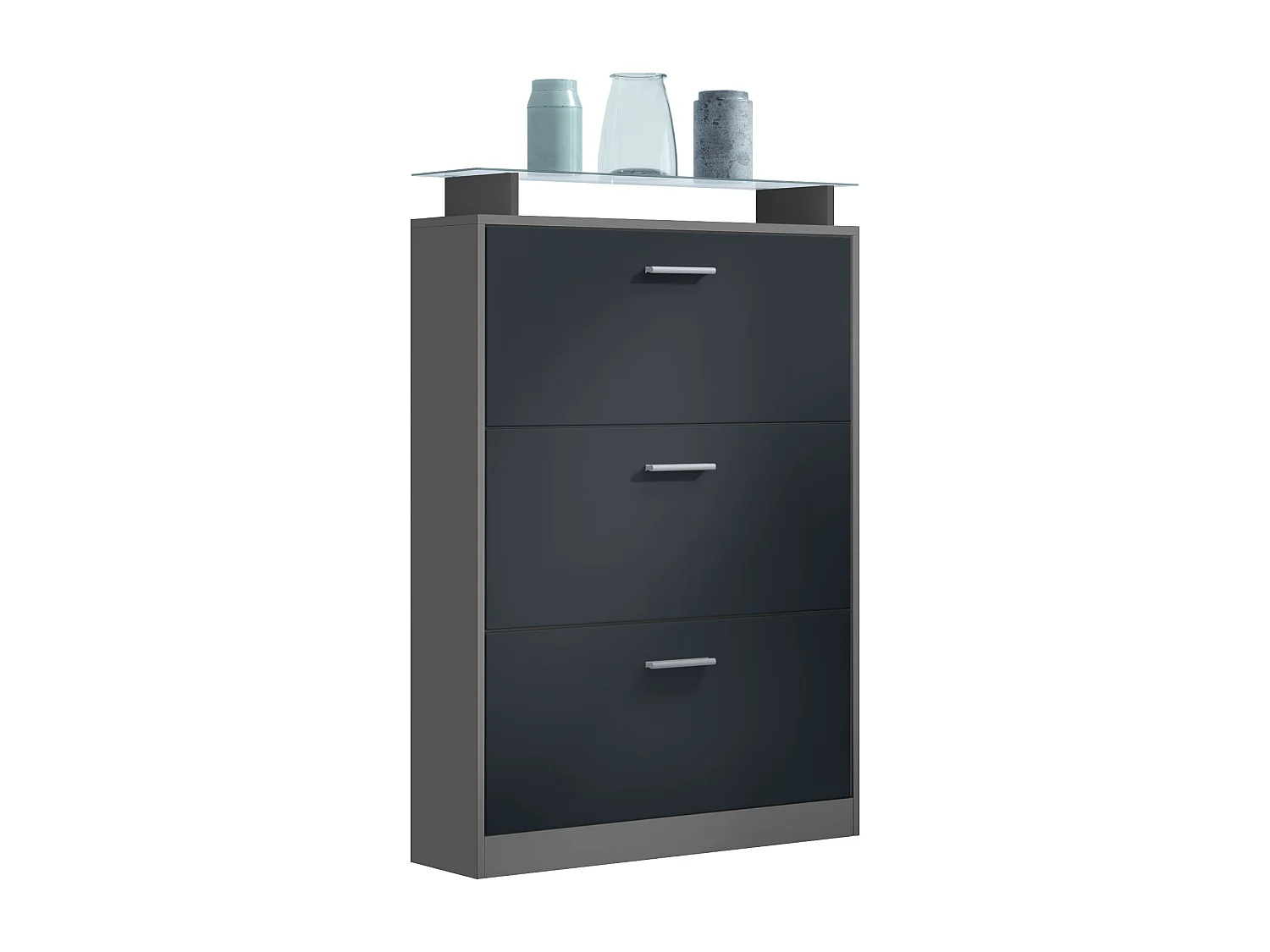 Scarpiera Lavia, Scarpiera a ribalta per 24 paia di scarpe con 3 ante a ribalta e ripiano in vetro, antracite opaco /nero opaco (89 x 128 x 23 cm)