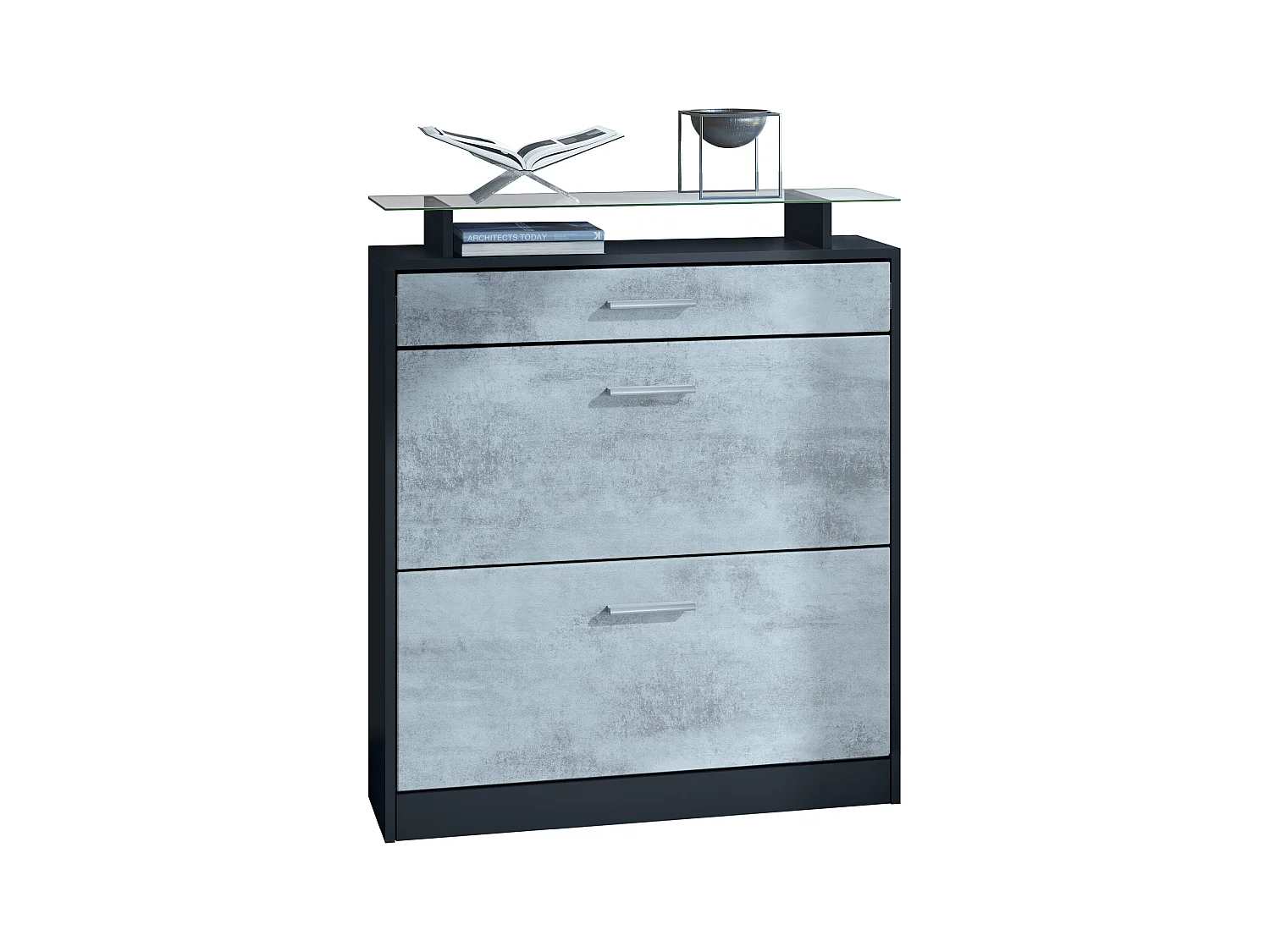 Meuble chaussure Loret, Étagère à chaussures pour 16 paires de chaussures avec 2 clapets à bascule, 1 tiroir, Noir mat/Aspect Béton Oxyde (89 x 104 x 23 cm)