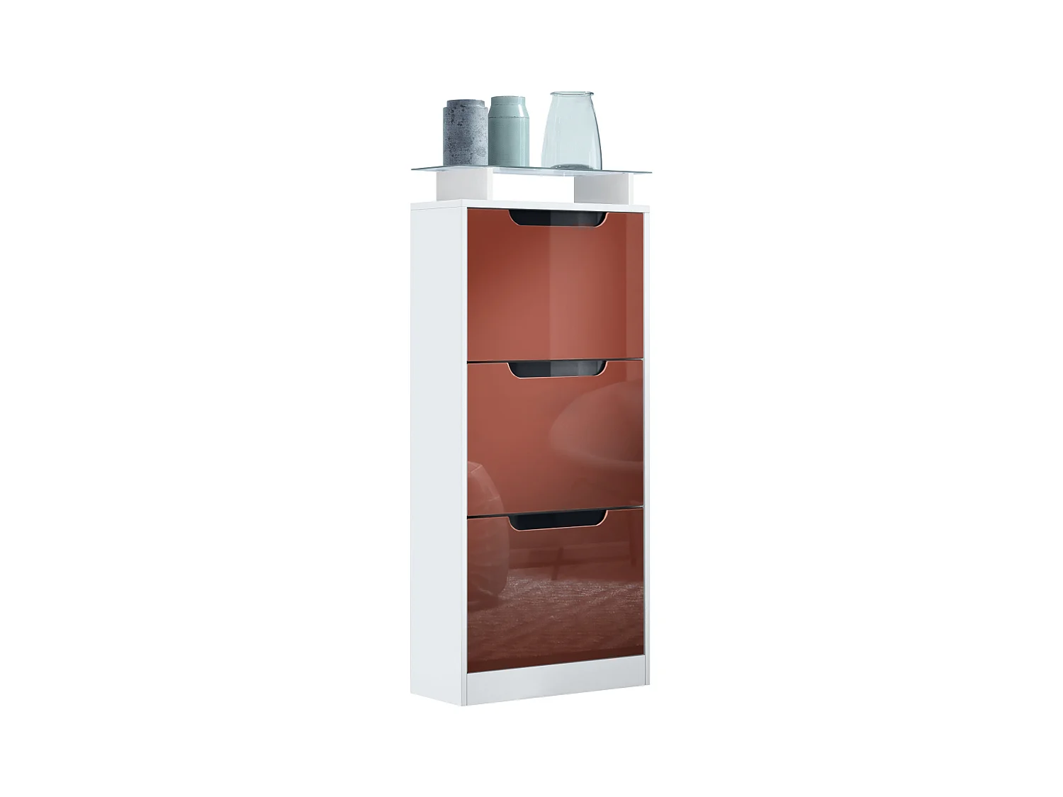 Meuble à chaussures Space V2, Range-chaussures pour 12 paires de chaussures avec 3 abattants et étagère en verre, blanc mat/bordeaux brillant (46x128x23 cm)